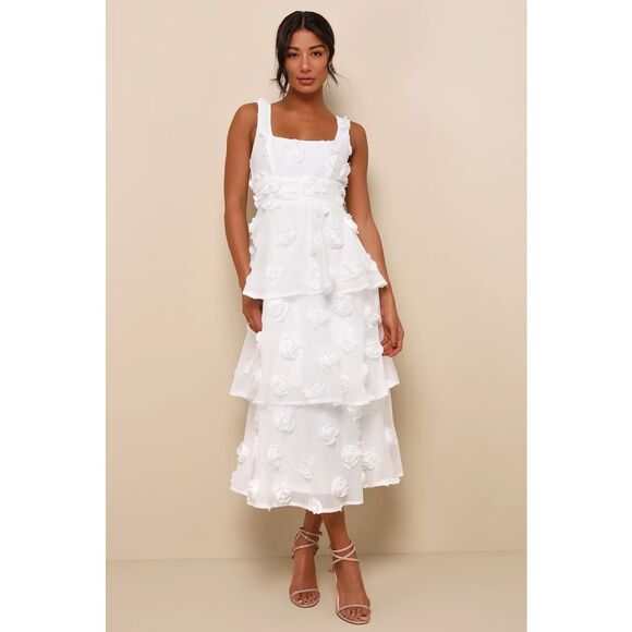 Lulu's Dresses & Skirts - Lulus Exceptional Entrance White Sleeveless Tiered Rosette Midi Dress Size M NWT